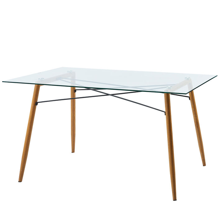 Minimalist Glass Top Dining Table with Wood Base, Natural