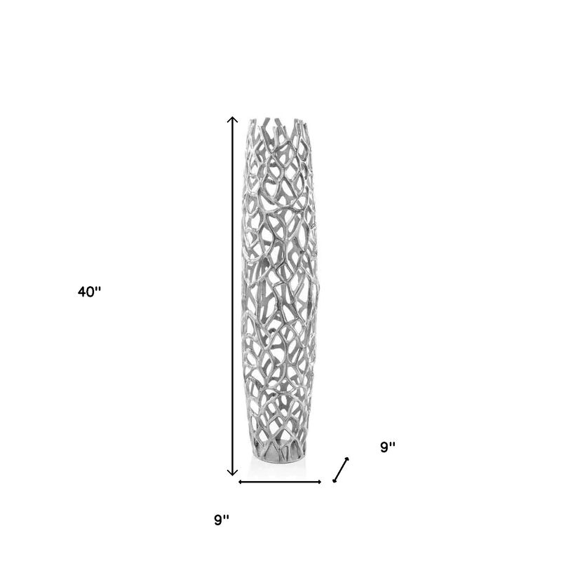 Hivvago 40 Inch Aluminum Silver Twigs Cylinder Floor Vase