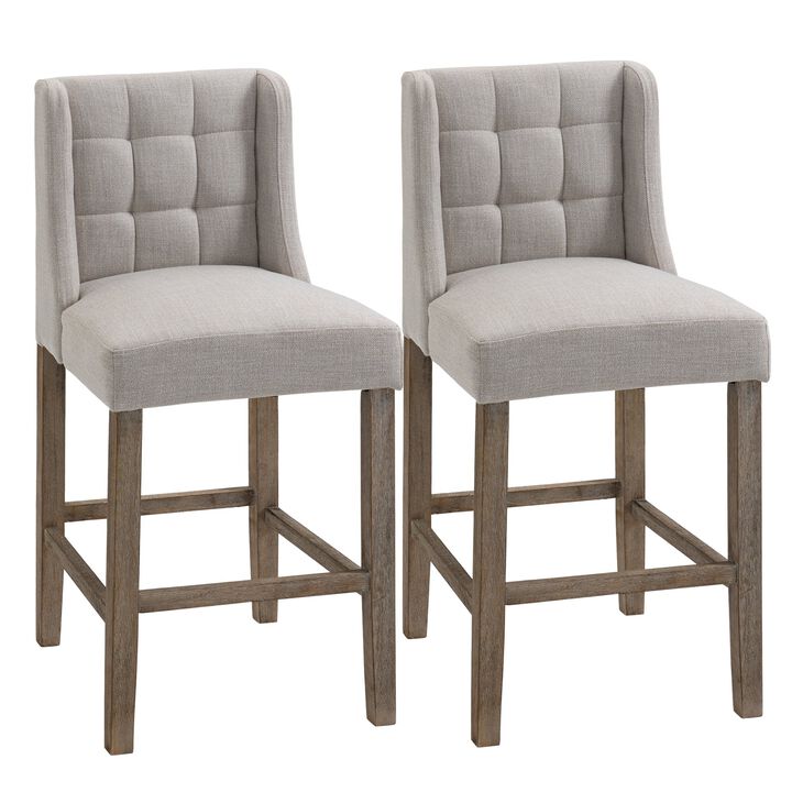 Modern Bar Stools, Tufted Upholstered Barstools, Pub Chairs with Back, Rubber Wood Legs for Kitchen, Dinning Room, Set of 2, Beige