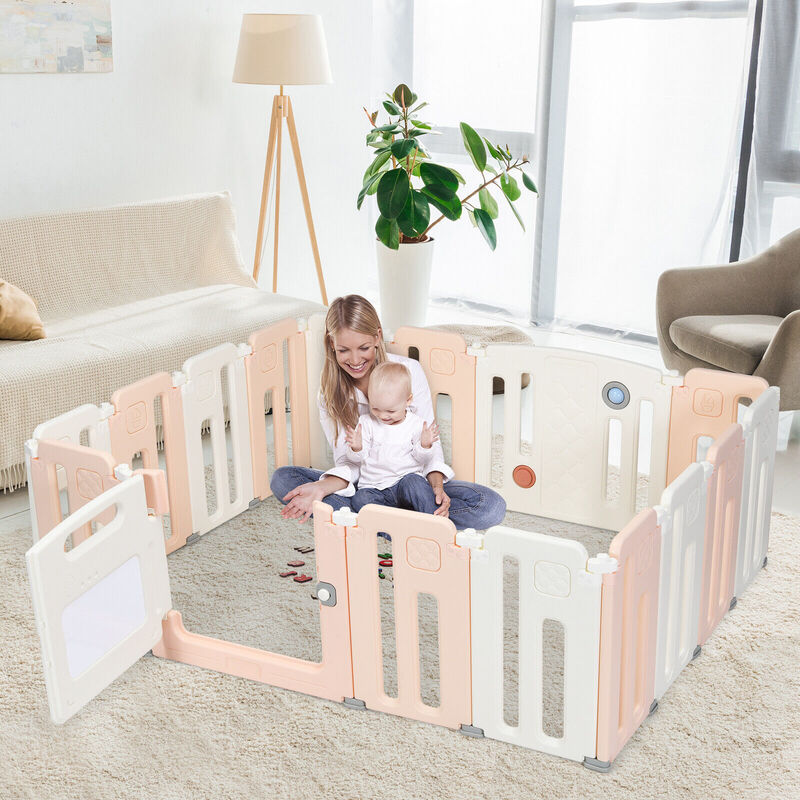 16 Panels Baby Safety Playpen with Drawing Board - Pink