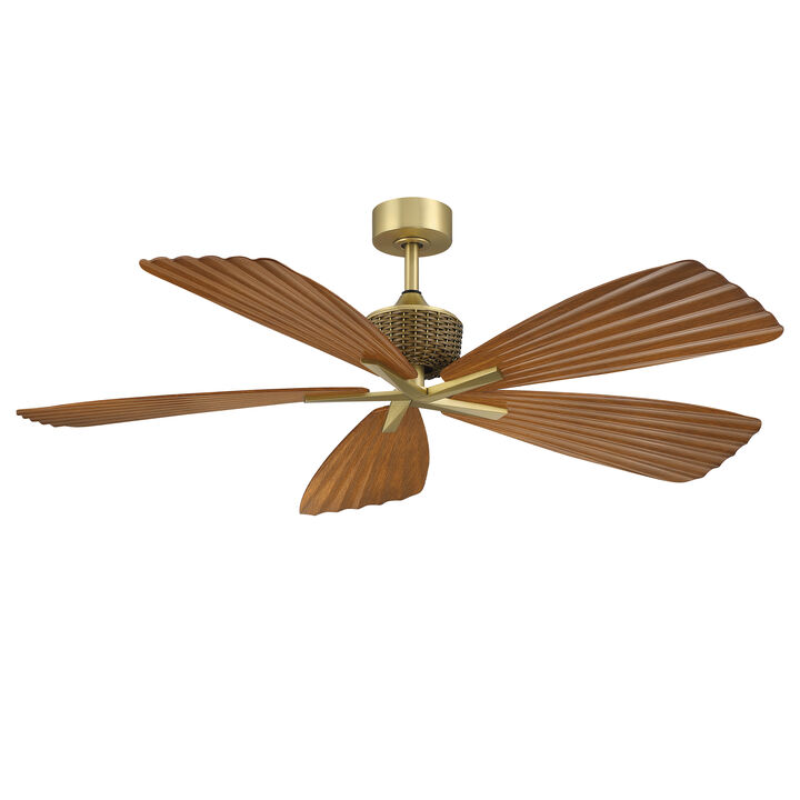 56" Tropical Brown Pleated Leaf Blades Reversible Ceiling Fan with Remote, No Light