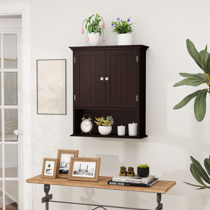 Wall Hanging Bathroom Cabinet with Enclosed Storage and Open Shelves