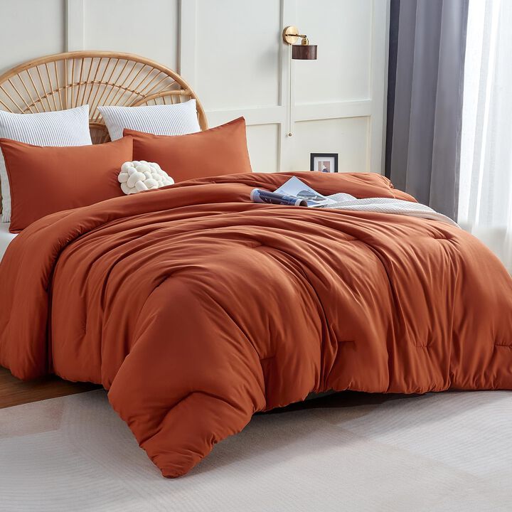 CozyLux Terracotta Comforter Set Queen Size, 3 Pieces Solid Burnt Orange Breathable Quilted Style Bedding Sets, Rust Luxury Fluf