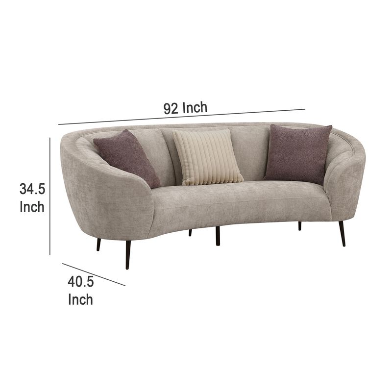 Zui Curved Sofa, 92 Inch, Beige Fabric, Round Design, 3 Accent Pillows - Benzara