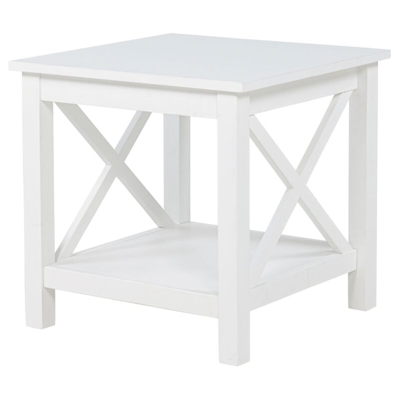 Yuzie Side End Table with Open Shelf, X-Side Frame, White Wood 20 Inch image number 4