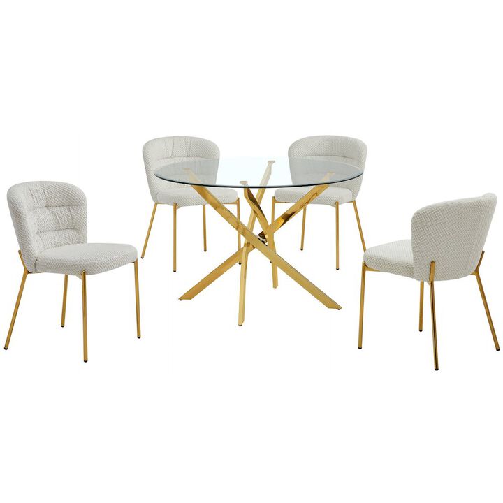 Best Quality Furniture Round Tempered Glass Dining Table With 4 Cream Side Chairs