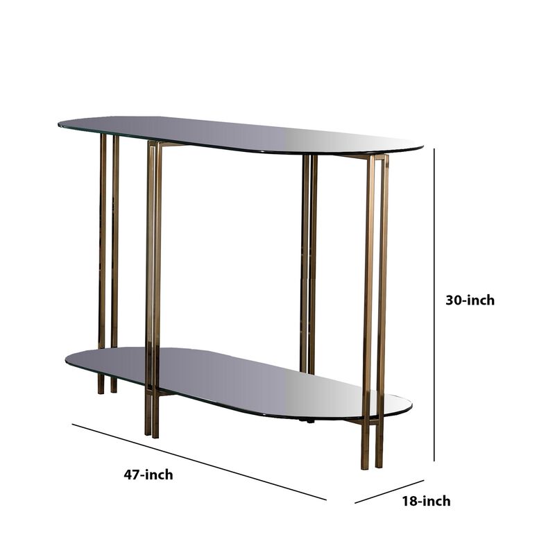 Sofa Table with Glass Top and Open Bottom Glass Shelf, Gold-Benzara