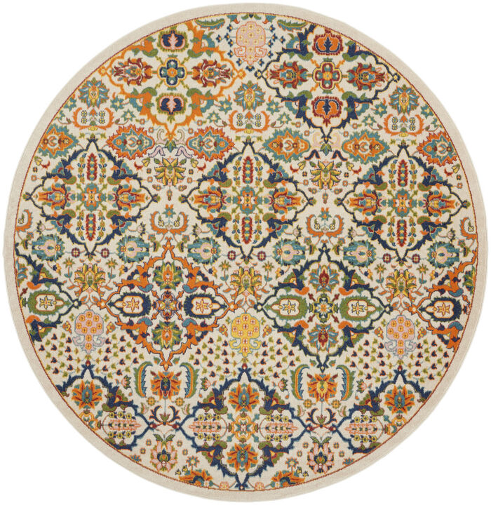 8 Ivory Round Floral Power Loom Area Rug
