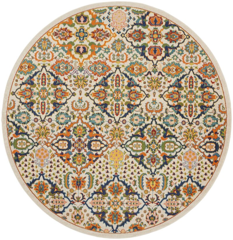 8 Ivory Round Floral Power Loom Area Rug