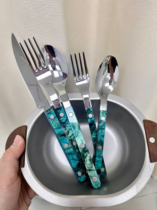 Terra Flatware Set of 10 Pcs, Modern Marble Pattern Rivet Stainless Steel Cutlery Silverware