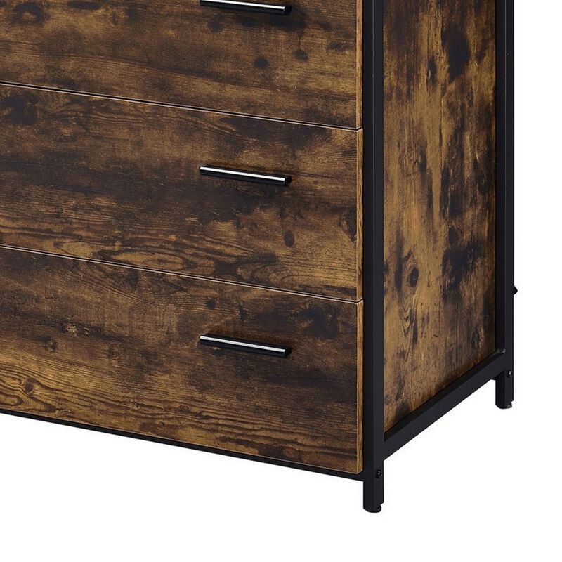 Nat 48 Inch Rustic Wood Chest, 5 Drawers, Brown and Black-Benzara