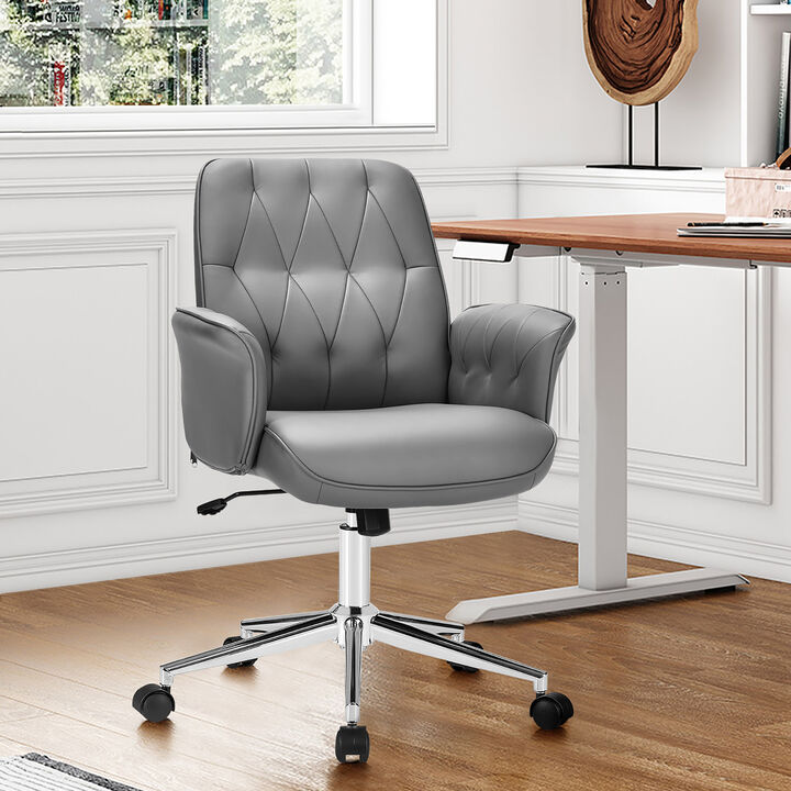 Costway Modern Home Office Leisure Chair PU Leather Adjustable Swivel w/ Armrest