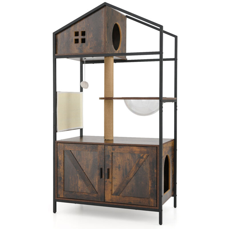 Industrial Indoor Cat Condo with Litter Box &ndash; Multi-Level Cat Tree Furniture - Rustic Brown image number 0