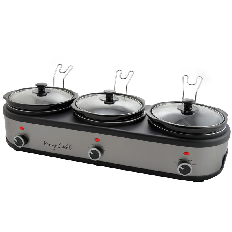 MegaChef Triple 2.5 Quart Slow Cooker and Buffet Server in Brushed Silver and Black Finish with 3 Ceramic Cooking Pots and Removable Lid Rests