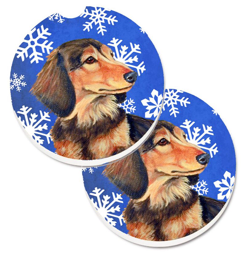 Caroline's Treasures Dachshund Winter Snowflakes Holiday Set of 2 Cup Holder Car Coasters LH9301CARC, 2.56, Multicolor image number 0