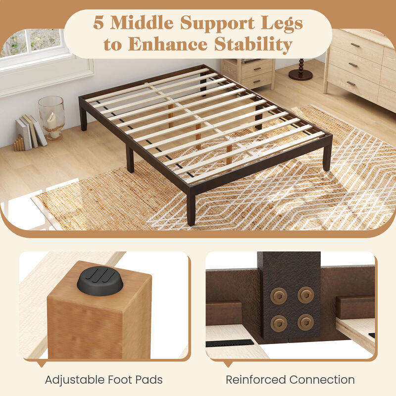 Wood Bed Frame with Wooden Slats Support and Rubber Wood Legs
