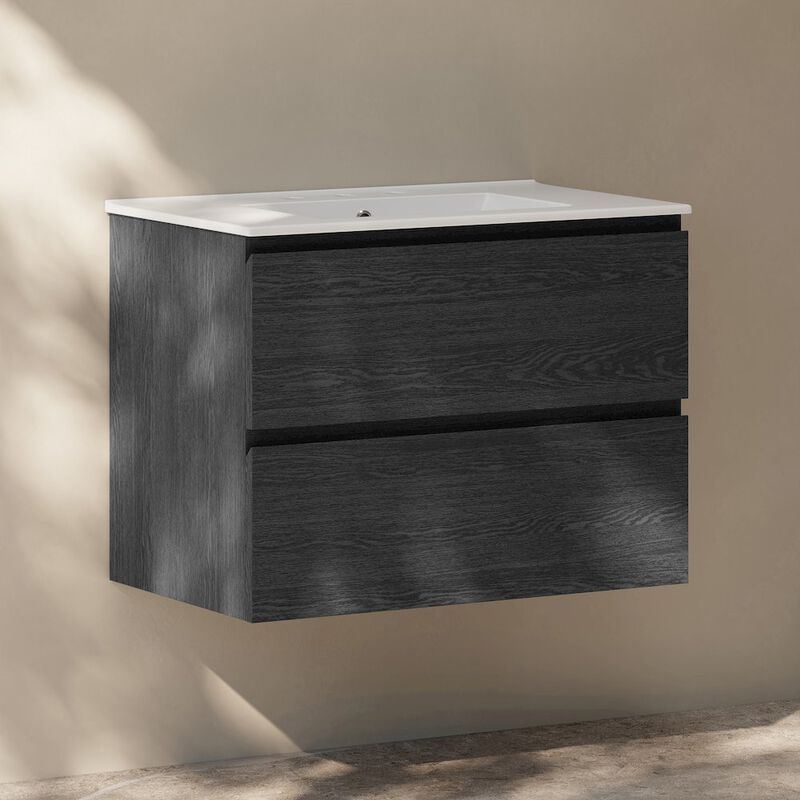 30" Wall-Mounted Bathroom Vanity in Black Oak with 3-Hole Widespread Sink Top image number 2