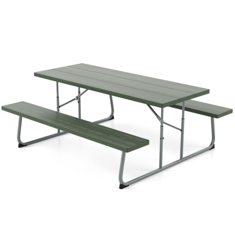 Hivvago Folding Picnic Table Set with Metal Frame and All-Weather HDPE Tabletop, Umbrella Hole