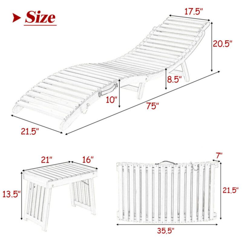 Hivvago 3 Pieces Folding Patio Eucalyptus Wood Lounge Chair Set with Foldable Side Table