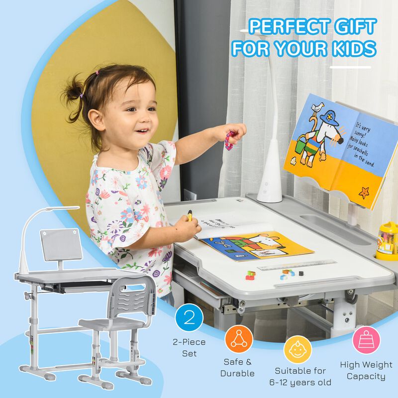 Kids Desk and Chair Set Height Adjustable Children Study Table with Tilt Desktop, LED Lamp, Drawer, Reading Board, Cup Holder, Pen Slots image number 3