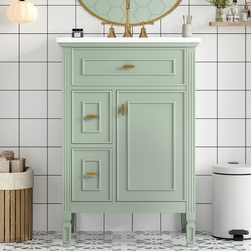 Merax Bathroom Vanity with Ceramic Sink, Cabinet, Flip Drawer & 2 Side Drawers &ndash; Solid Wood Frame image number 1