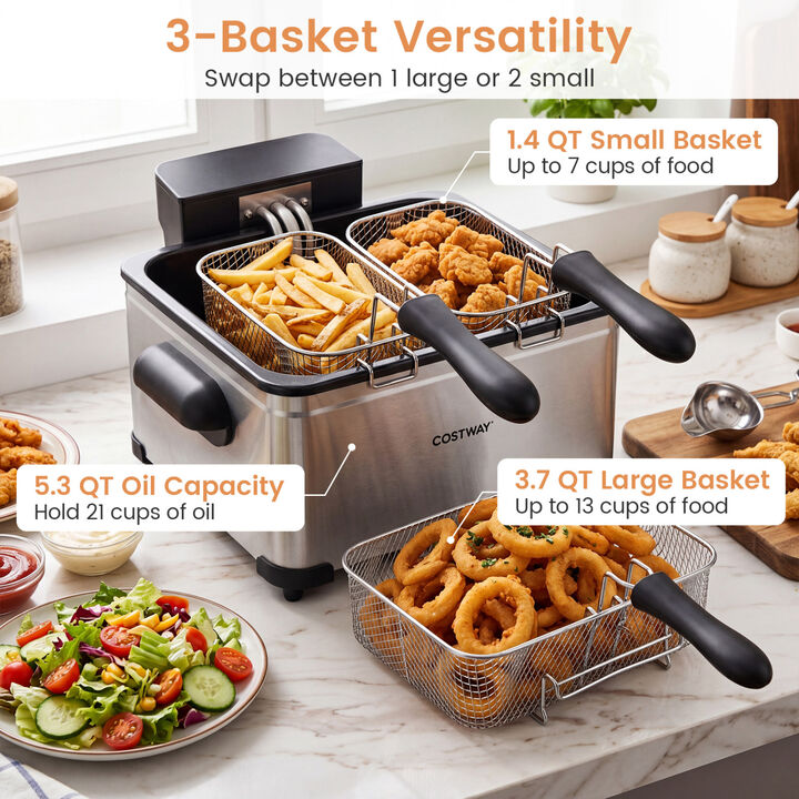 3 Basket Electric Deep Fryer with 1700W Power LED Touchscreen and 6 Preset Settings