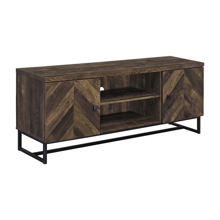 60 Inch TV Media Console Cabinet, 2 Herringbone Doors, Rustic Brown Wood - Benzara