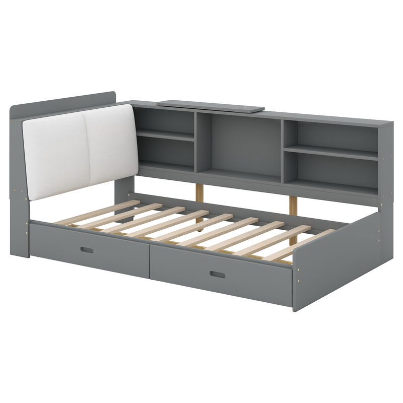 Whisen Wood platform bed with Storage Headboard, Shelves and 2 Drawers