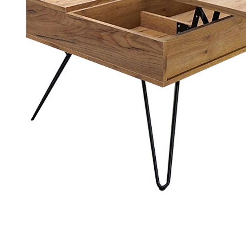 47 Inch Lift Top Coffee Table, Natural Brown Wood, 2 Storage Compartments-Benzara