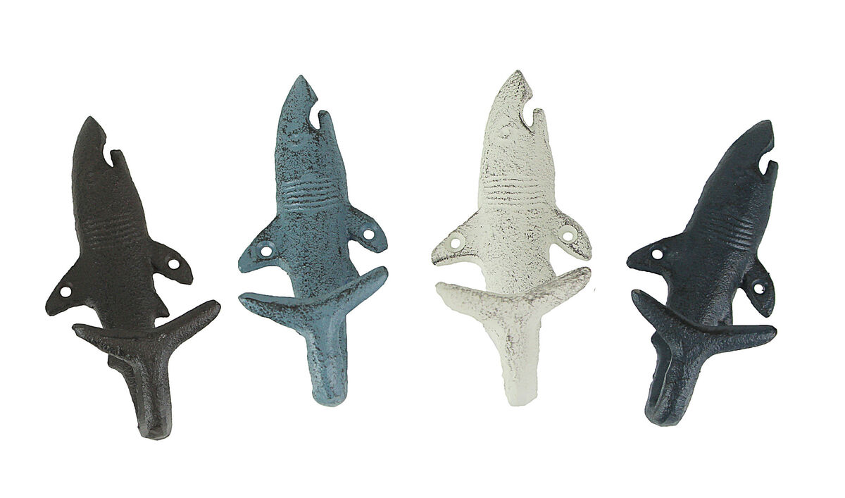 Set of 4 Cast Iron Shark Tail Wall Hooks - Nautical Beach-Themed Bathroom Towel and Coat Hanging Decor - Functional and Colorful Stylish Coastal Charm