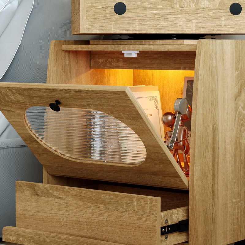 FUFU&GAGA Modern Robot Design Nightstand with 360° Swivel Top, Glass Door and Drawer, Touch LED Lighting, (18.9 in. W x 16.8 in. D x 29.4 in. H), Brown