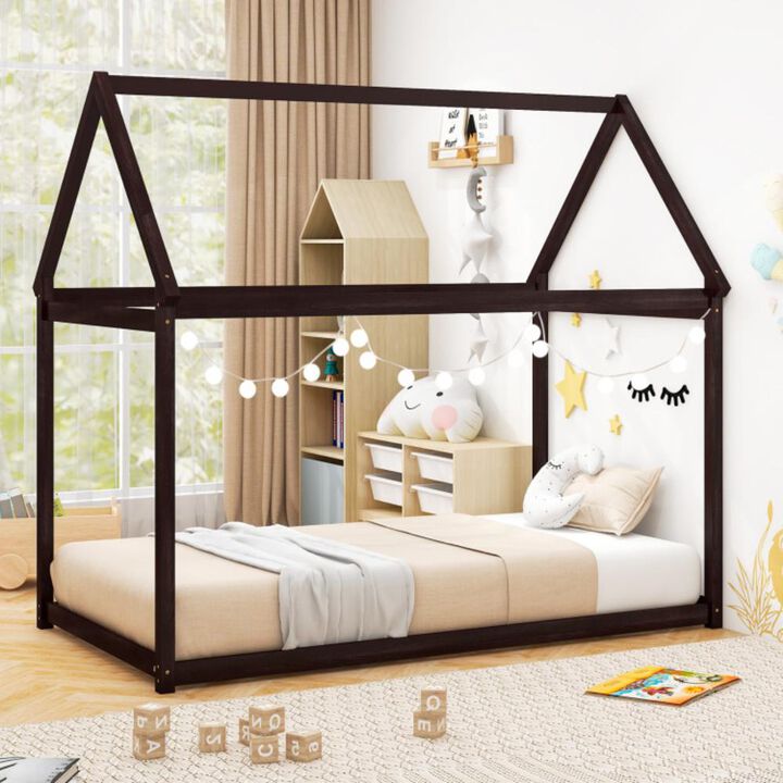 Hivvago Twin Size Kids House Bed Wood Frame with Roof