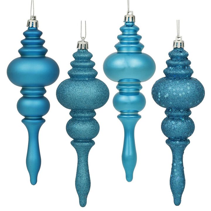 Vickerman 7" 4-Finish Finial Ornament, Shatterproof Plastic Christmas Tree Decoration, 8 Pack, Turquoise Shiny, Matte, Glitter and Sequin Finishes