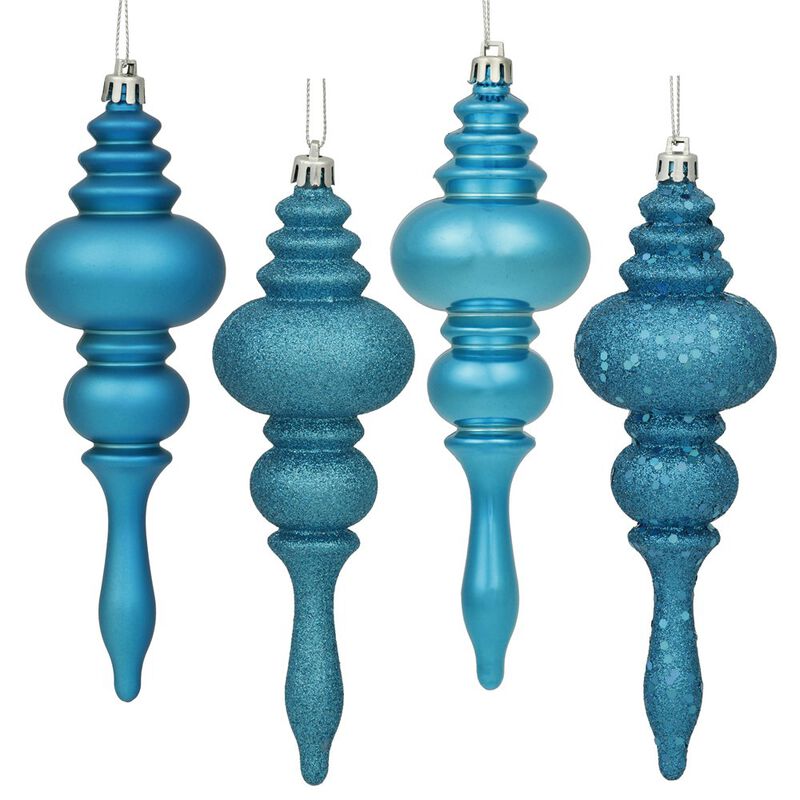 Vickerman 7" 4-Finish Finial Ornament, Shatterproof Plastic Christmas Tree Decoration, 8 Pack, Turquoise Shiny, Matte, Glitter and Sequin Finishes image number 0