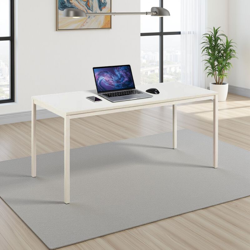 Rary Computer Desk, 47 Inch, White Metal Frame, Matching Wood Top - Benzara