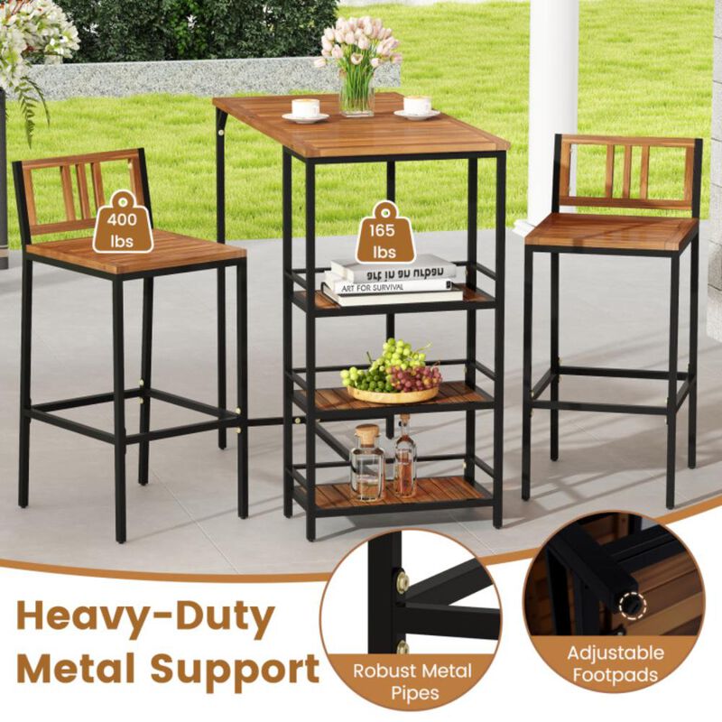 Hivvago 3 Pieces Outdoor Wood Bar Set with 3-Tier Storage Shelf and Metal Frame