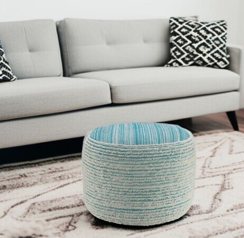 Durable Fabric Cylinder Striped Pouf Ottoman – Accent Floor Cushion for Living Room