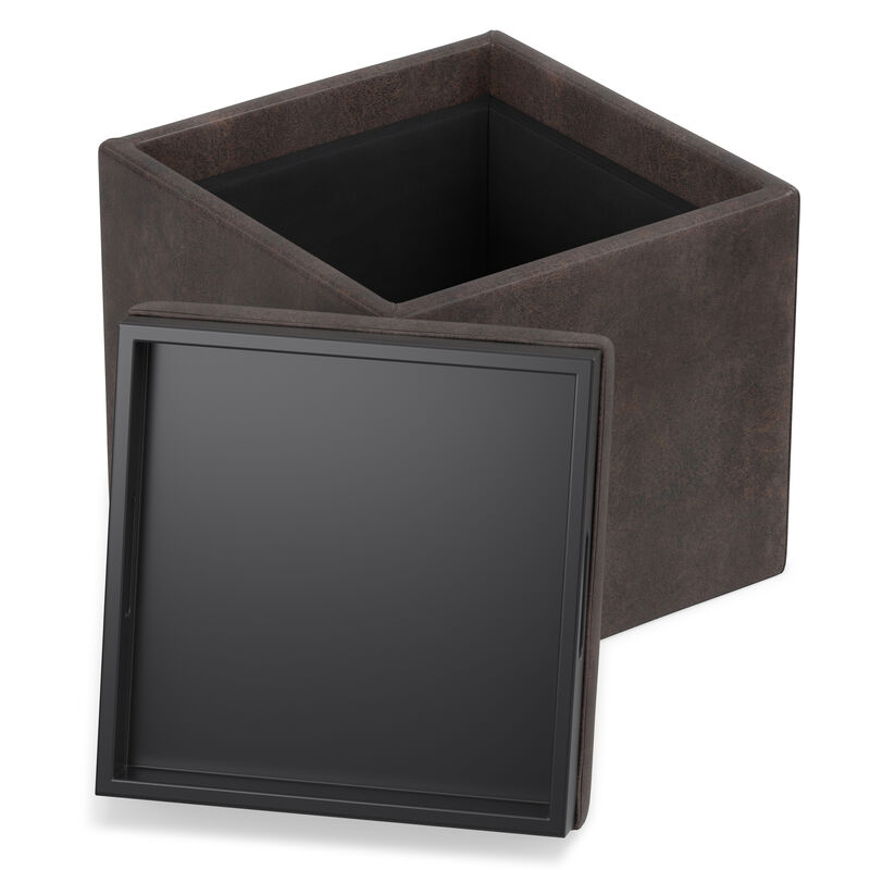 Rockwood 17 inch Wide Contemporary Square Cube Storage Ottoman with Tray in Distressed Brown Vegan Faux Leather, Assembled image number 2