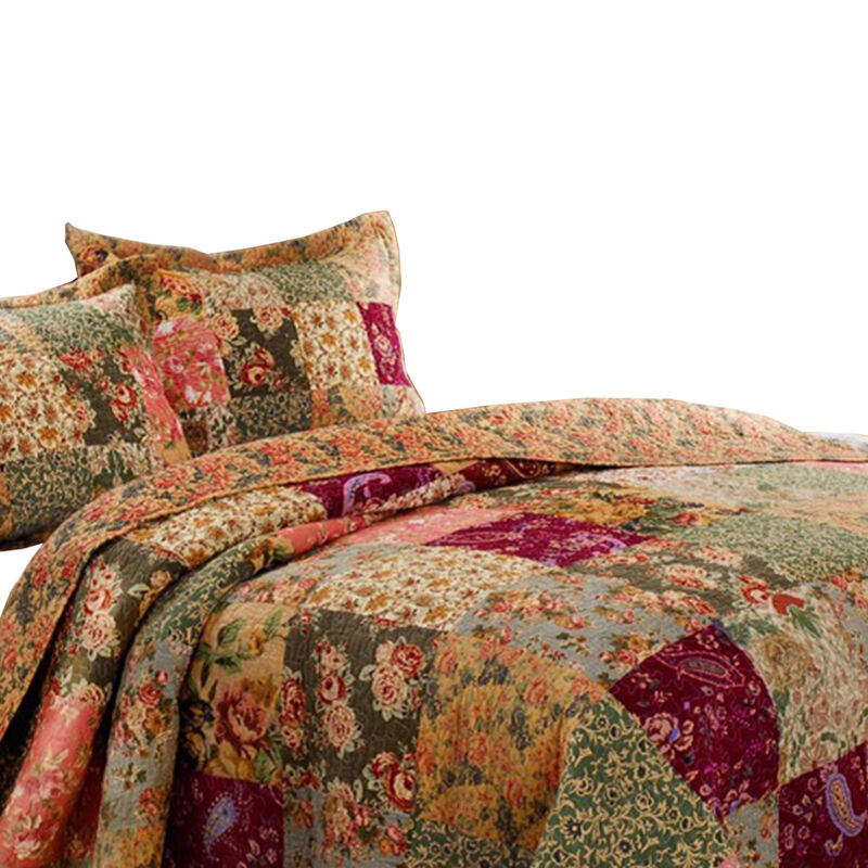 Kamet 3 Piece Fabric King Size Quilt Set with Floral Prints, Multicolor - Benzara