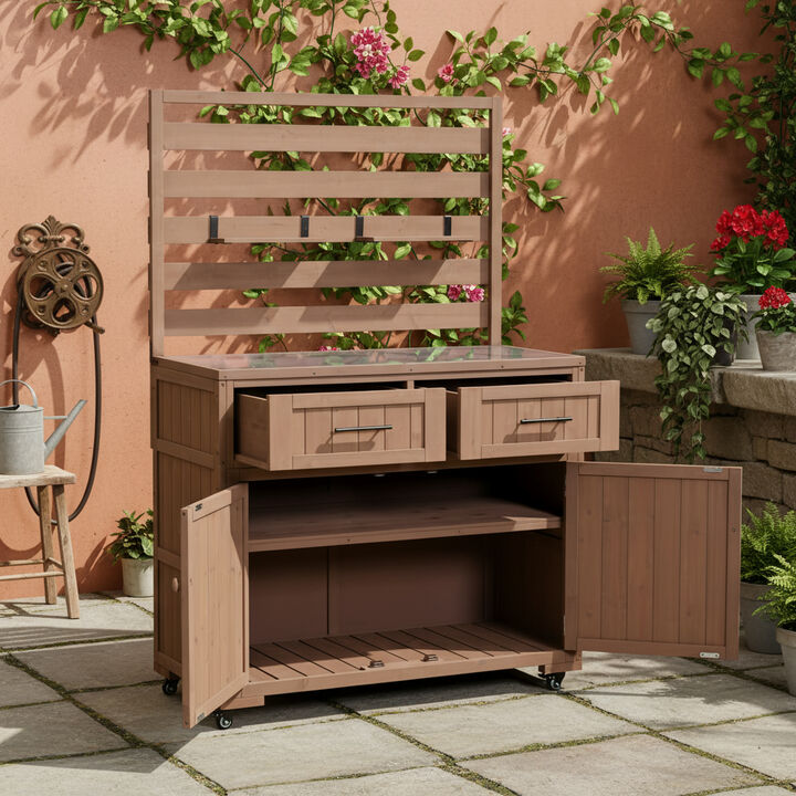 Whisen 64.9''H Potting Table with 2 Drawers, 3 Movable Shelves and Stainless Table Top