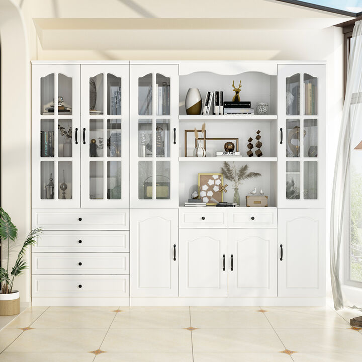 FUFU&GAGA Elegant Bookcase Cabinet with Glass Doors and 6 Drawers – Adjustable Shelves, P2 MDF, Modern Storage Solution for Living Room, Study, or Dining Area , (94.5”W x 78.7”H x 15.7”D),White