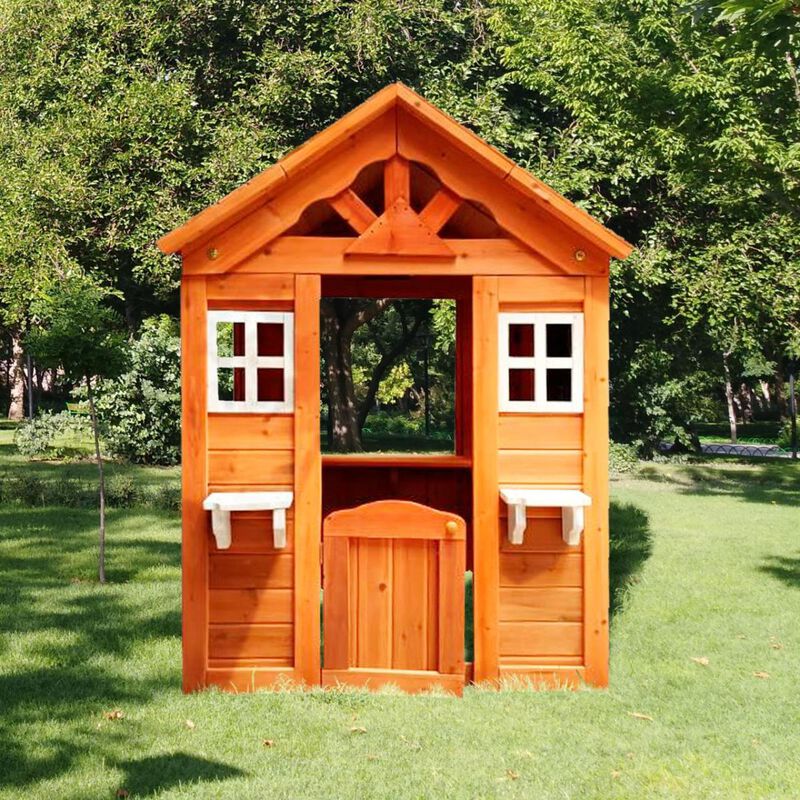 All Wooden Kids Playhouse With 2 Windows And Flower Pot Holder