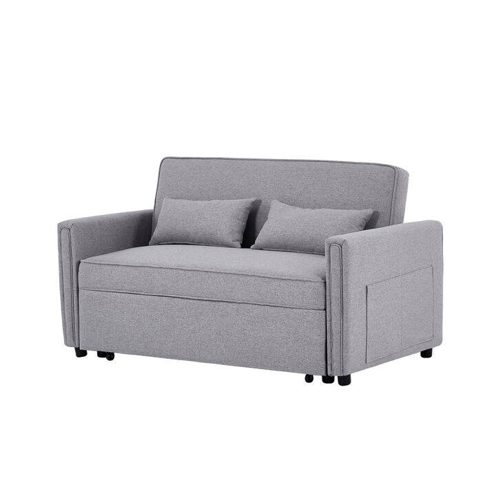 Modern Linen Convertible Loveseat Sleeper Sofa Couch with Adjustable Backrest, 2 Seater Sofa With Pull-Out Bed with 2 Lumbar Pillows For Small Living Room & Apartment
