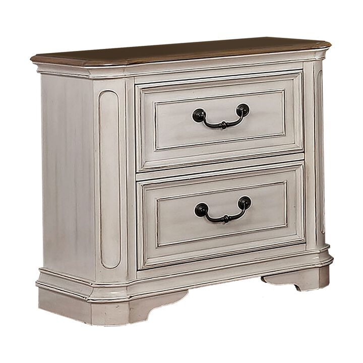 Transitional Wooden Nightstand with 2 Drawers and Bracket Legs, White-Benzara