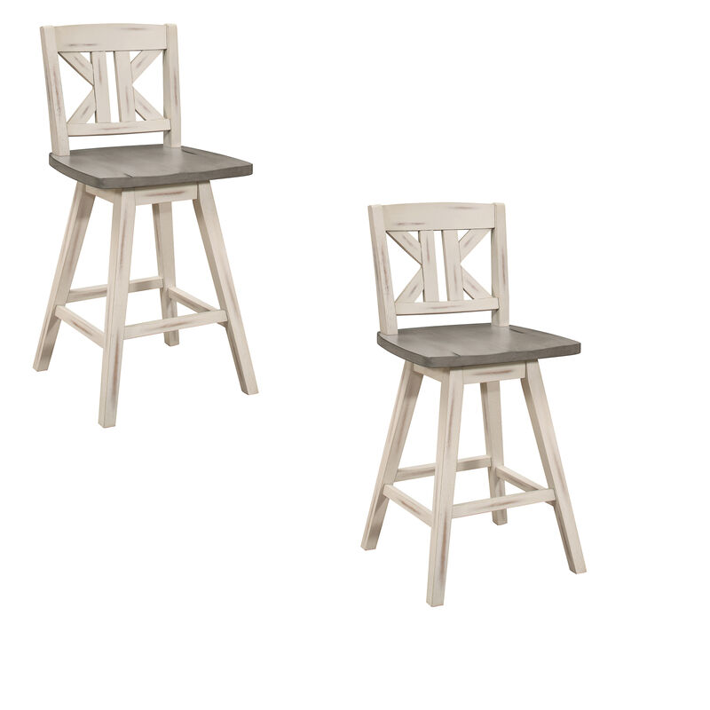Ati 29 Inch Bar Height Stool Swivel Chairs Set of 2, Divided X Back, Gray, White