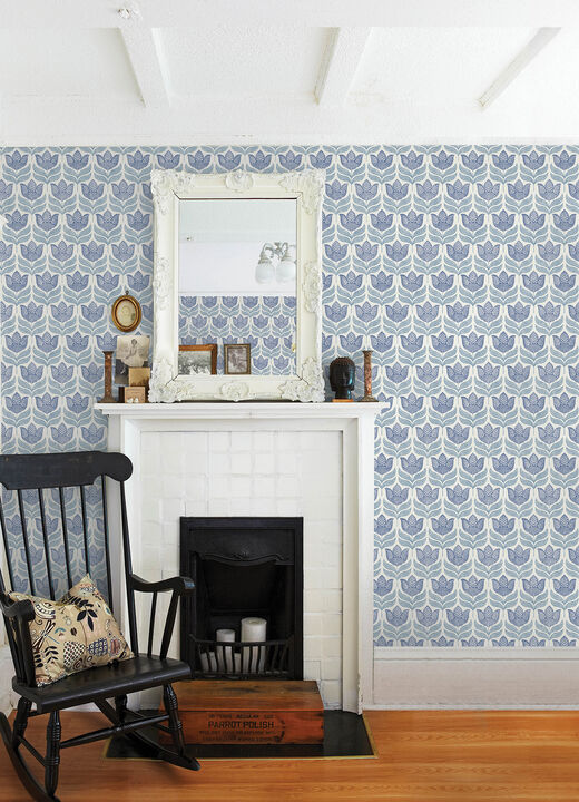 Cathal Blue Tulip Block Print Wallpaper