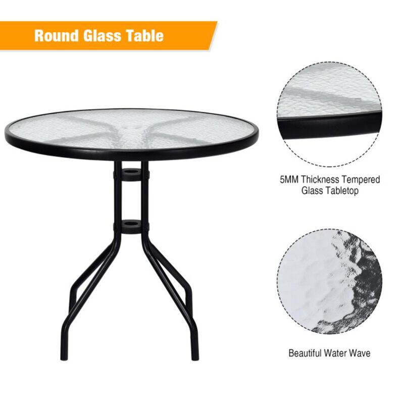 Hivvago 32 Inch Outdoor Patio Round Tempered Glass Top Table with Umbrella Hole
