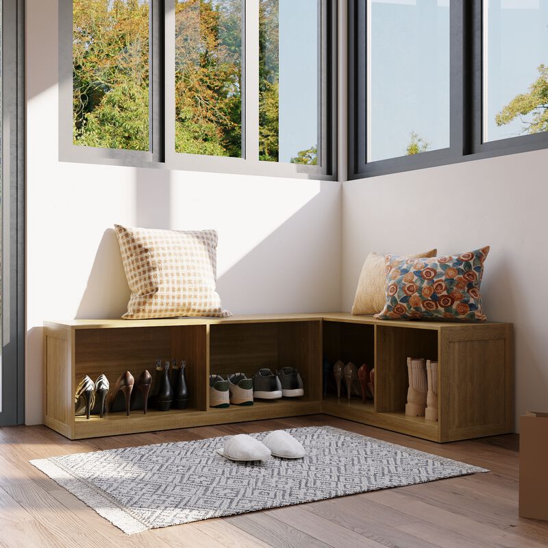 FUFU&GAGA Corner Bench Shoe Cabinet with 4Storage Compartments, P2 MDF, Natural Wood Finish (63" W x 47.2" D x 17.7" H), Light Oak