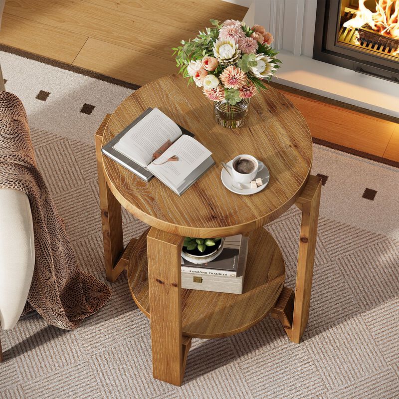 2-Tier Solid Wood Round Sofa Side Table with Storage, End Table Nightstand image number 6
