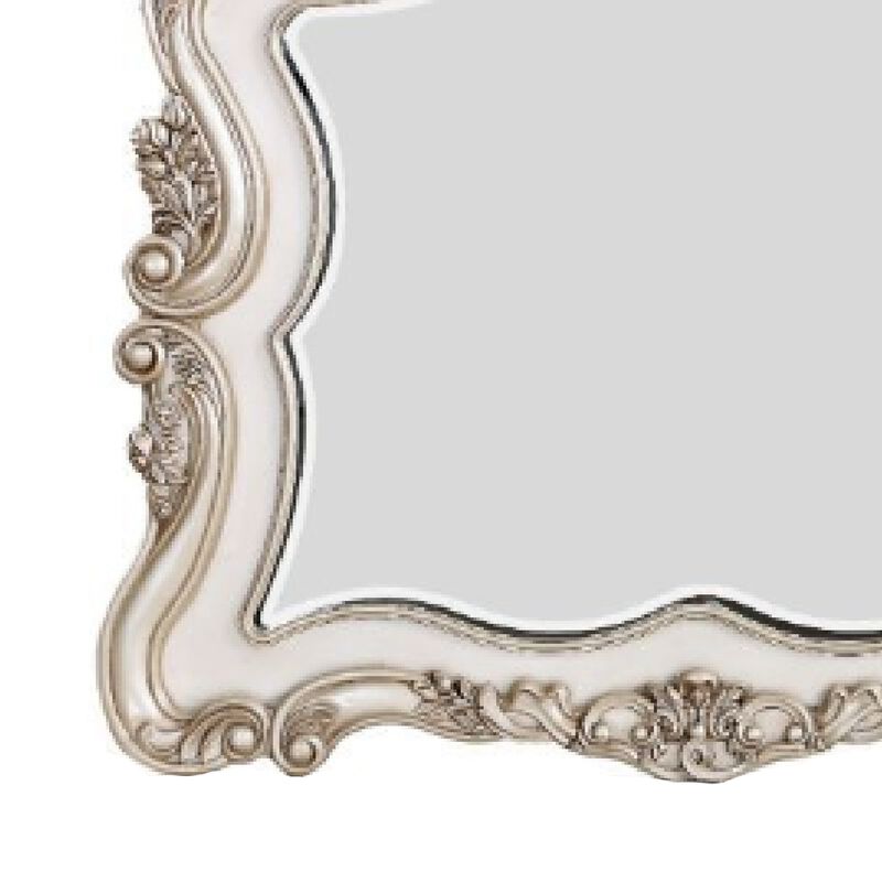 50 Inch Solid Wood Mirror, Scalloped, Scroll Ornate Trim, Antique White-Benzara